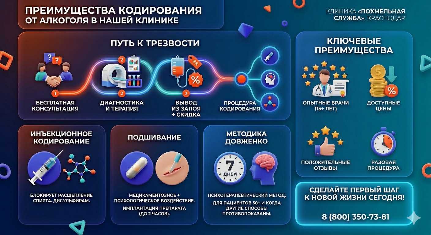 Инфографика о методах кодирования от алкоголя в Черноморском: инъекции, подшивание, метод Довженко. Преимущества клиники и этапы лечения.