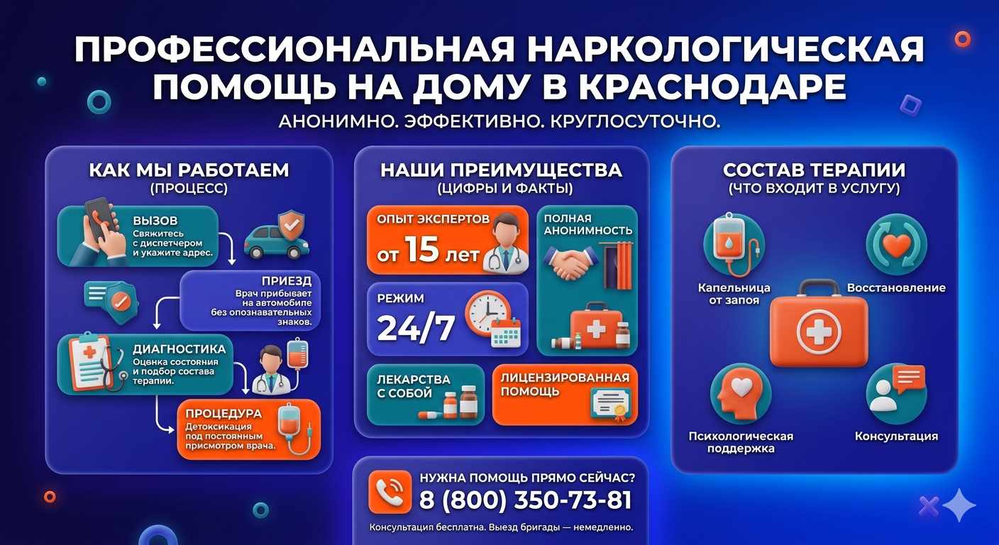 Инфографика о принципах лечения алкоголизма на дому в Черноморском: этапы вызова нарколога, преимущества анонимной детоксикации и состав медицинской помощи.
